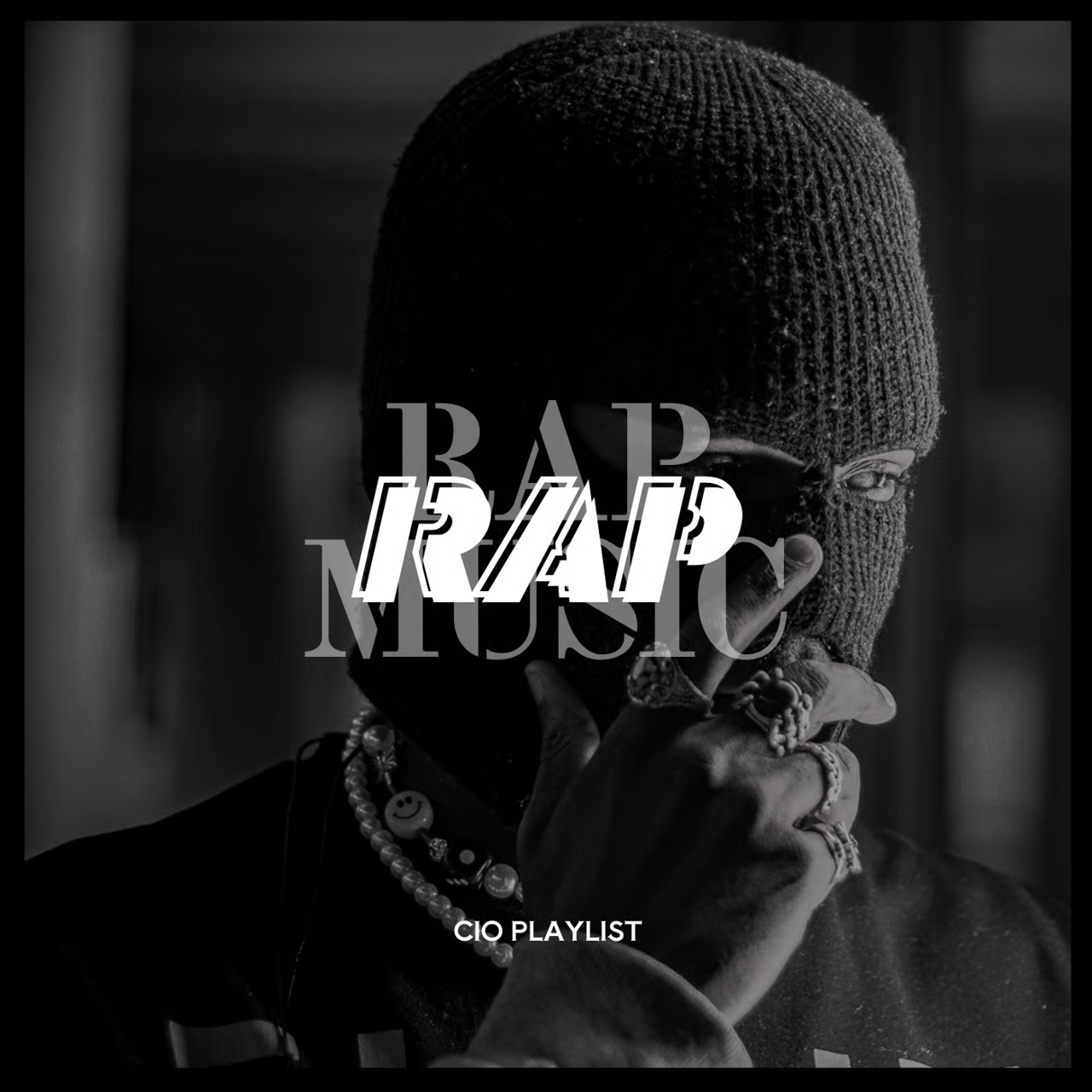 Schwarz-weißes „RAP MUSIC“ Playlist-Design